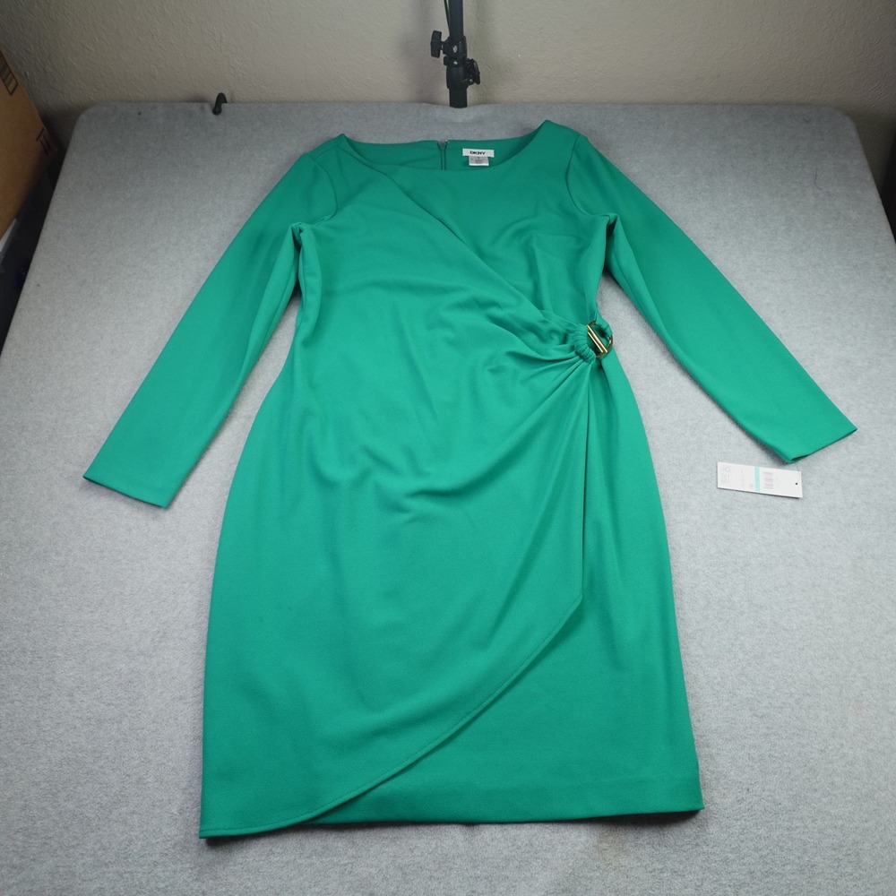 DKNY Dress Womens 16 Green Faux Wrap Sheath Career Cocktail